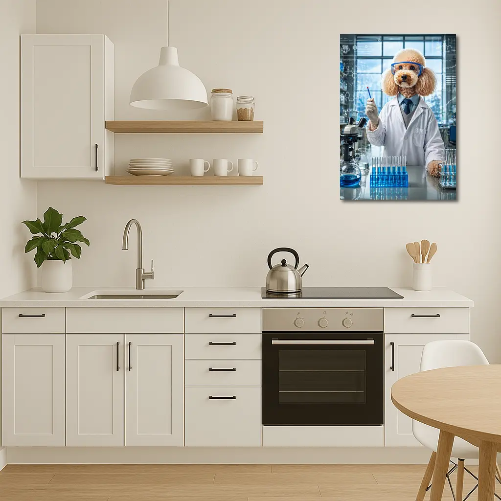 Poodle Scientist In Laboratory With Blue Flasks – Wall Art