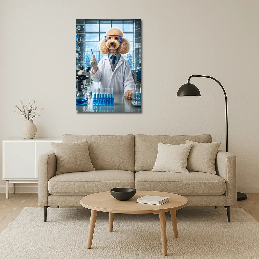 Poodle Scientist In Laboratory With Blue Flasks – Wall Art