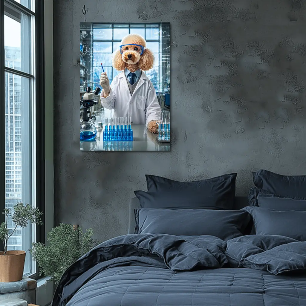Poodle Scientist In Laboratory With Blue Flasks – Wall Art