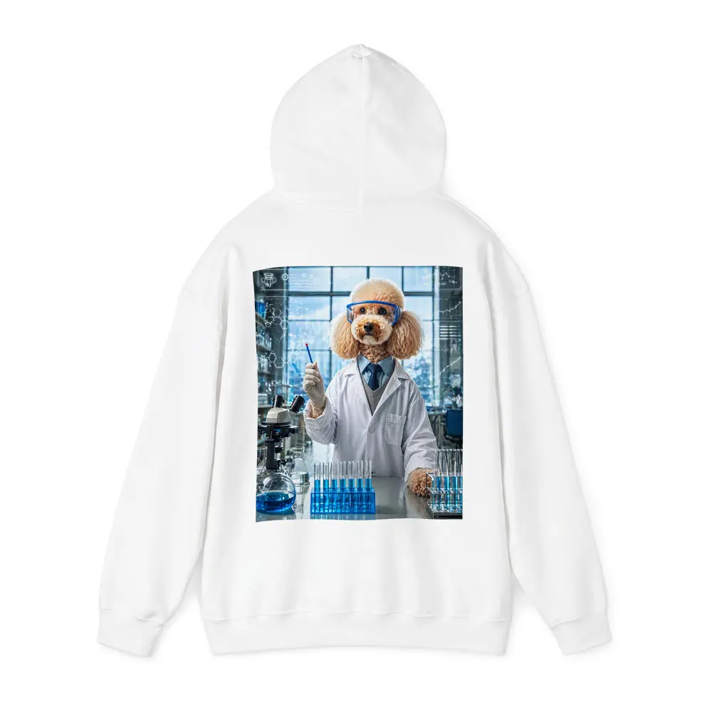 Poodle Scientist In Laboratory With Blue Flasks – Hoodies