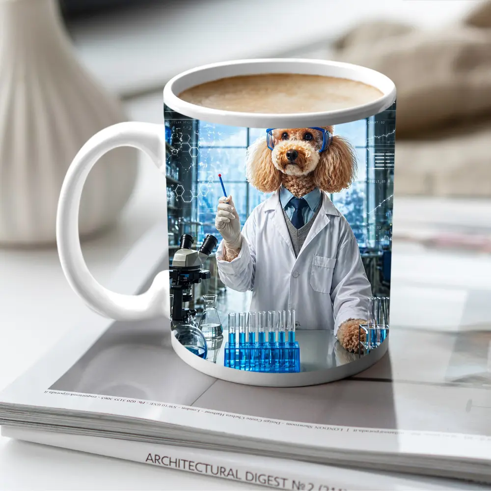 Poodle Scientist In Laboratory With Blue Flasks – Mugs