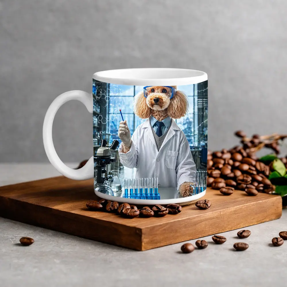 Poodle Scientist In Laboratory With Blue Flasks – Mugs