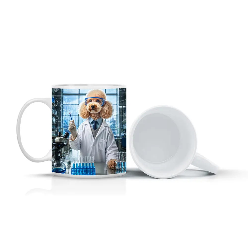 Poodle Scientist In Laboratory With Blue Flasks – Mugs