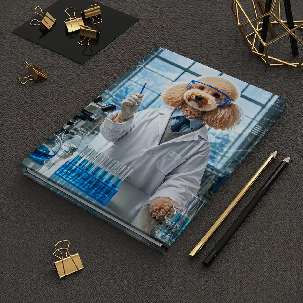 Poodle Scientist In Laboratory With Blue Flasks – Notebooks
