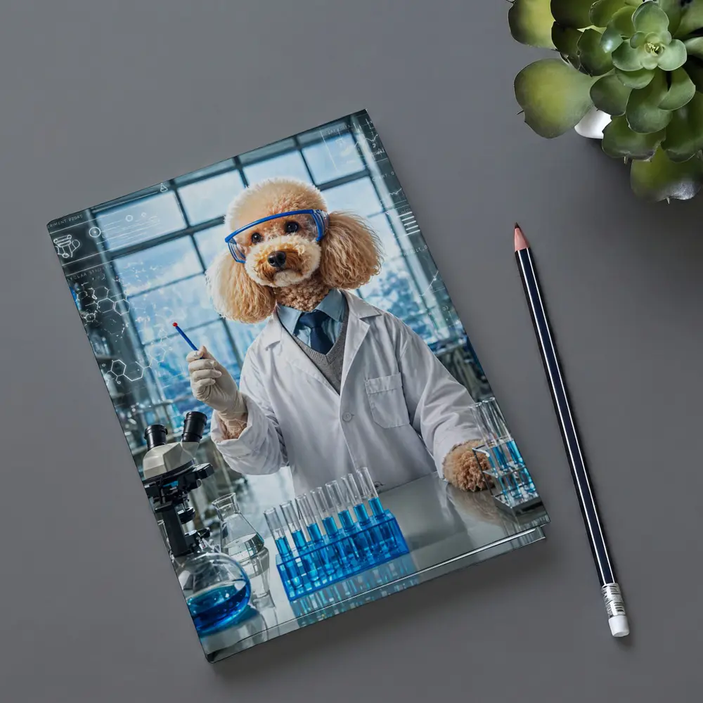 Poodle Scientist In Laboratory With Blue Flasks – Notebooks