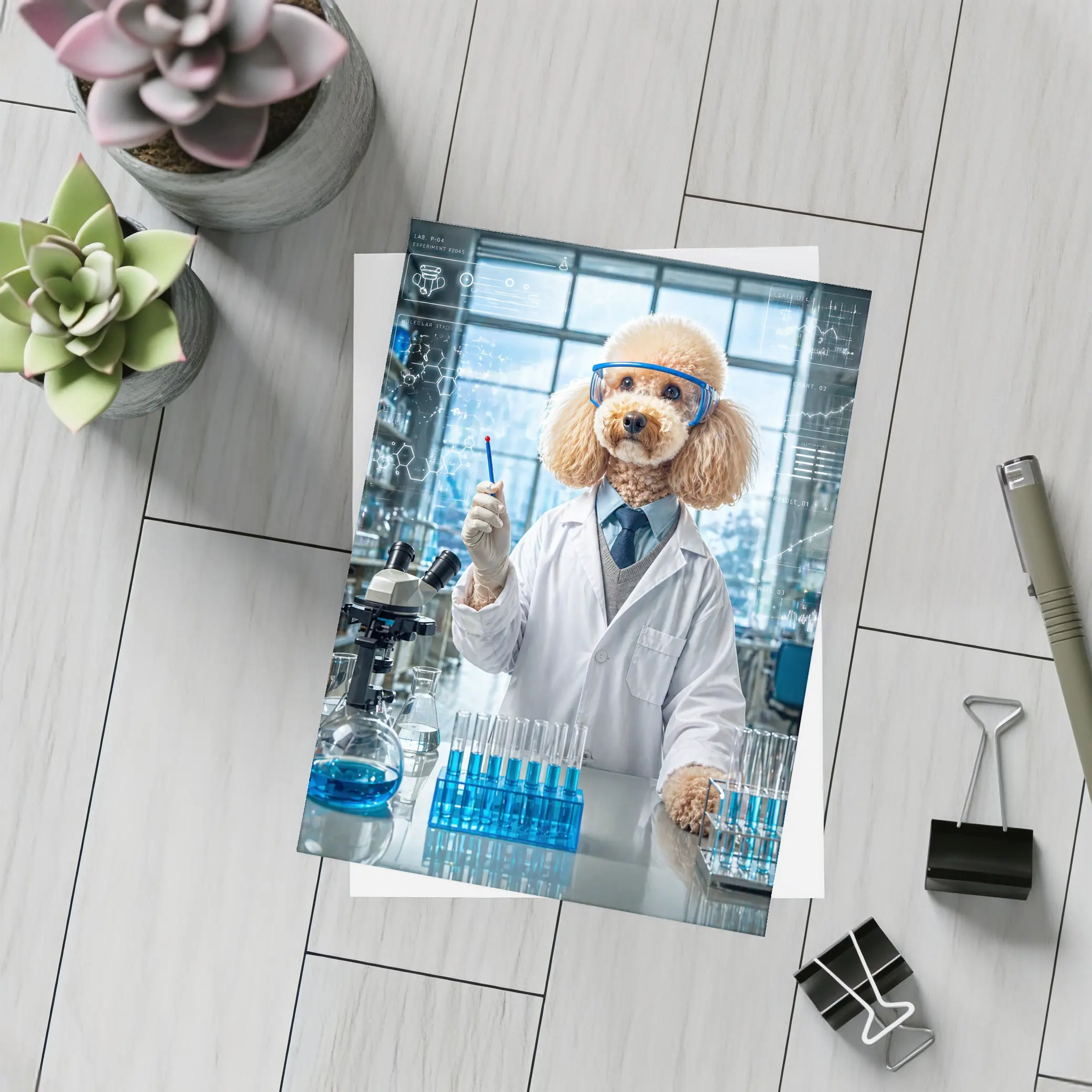Poodle Scientist In Laboratory With Blue Flasks – Postcards