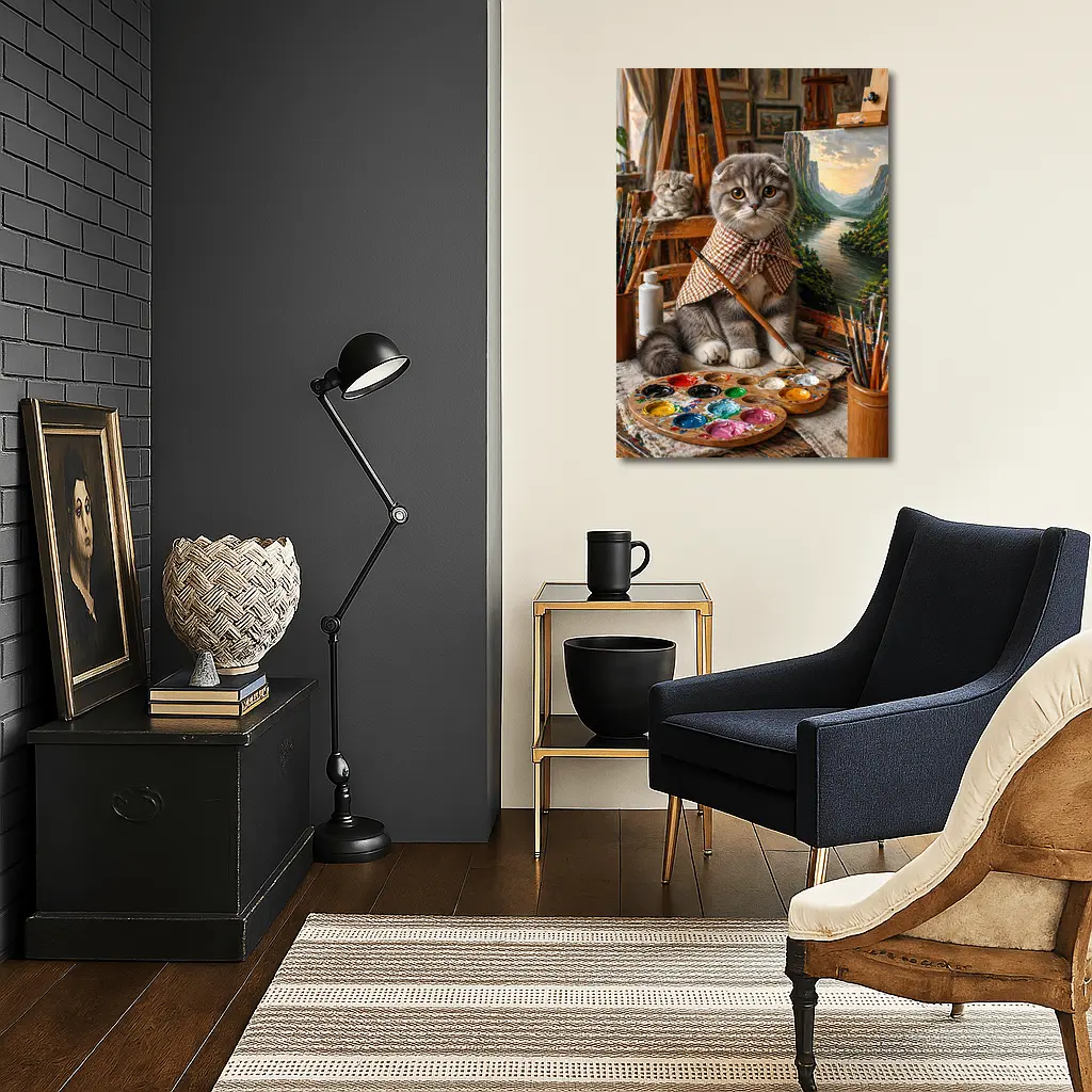 Scottish Fold Cat Artist Painting in Studio – Wall Art