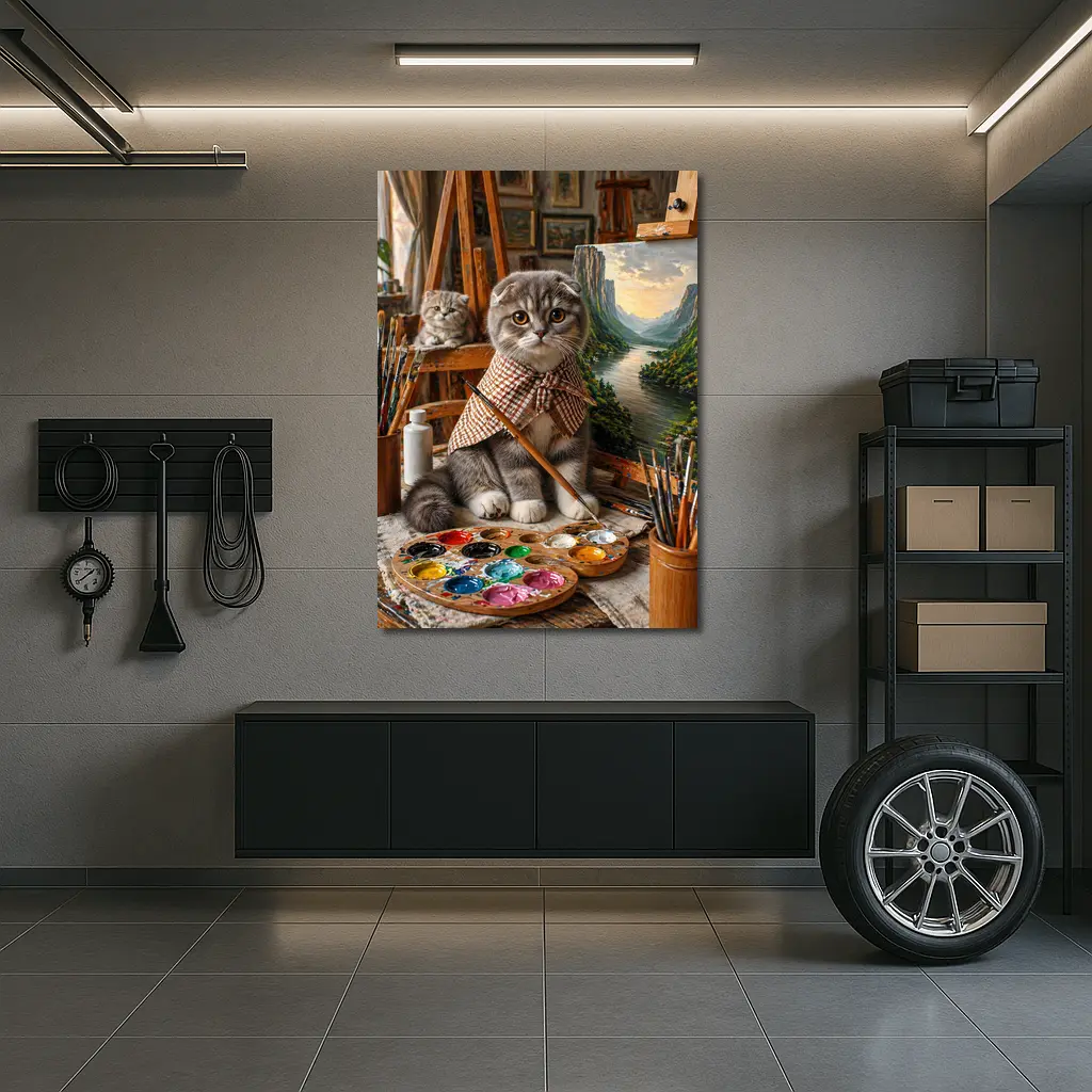 Scottish Fold Cat Artist Painting in Studio – Wall Art