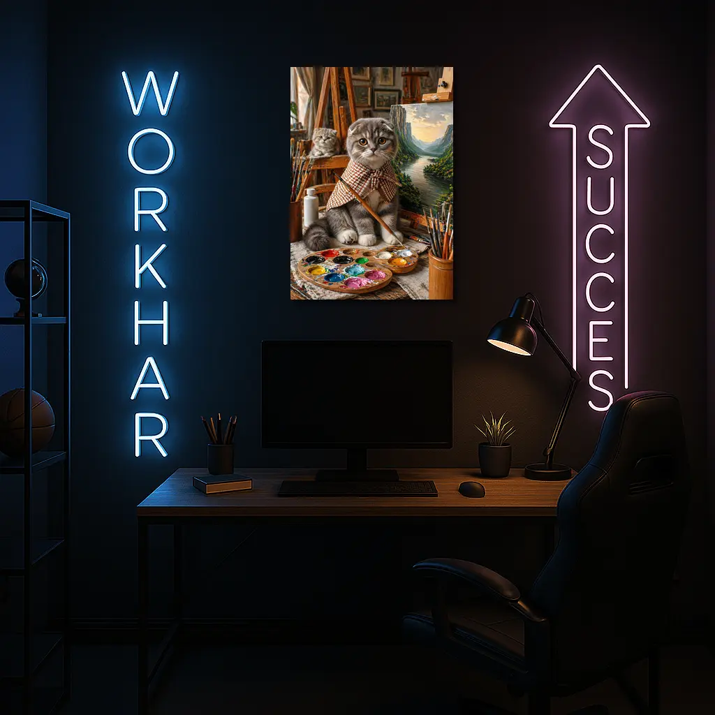 Scottish Fold Cat Artist Painting in Studio – Wall Art