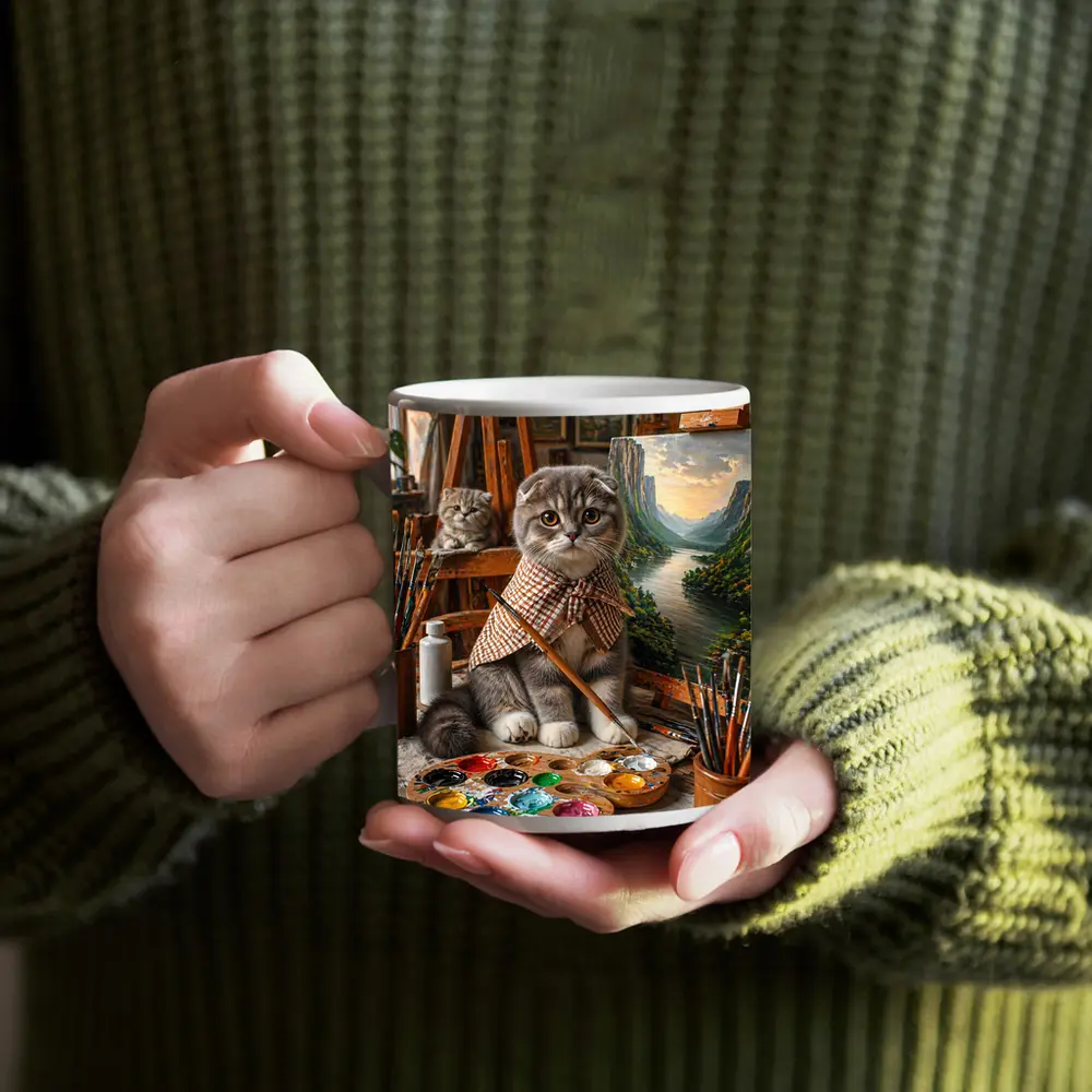 Scottish Fold Cat Artist Painting in Studio – Mugs