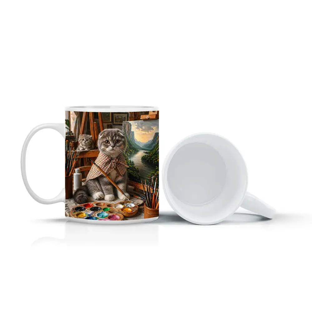 Scottish Fold Cat Artist Painting in Studio – Mugs