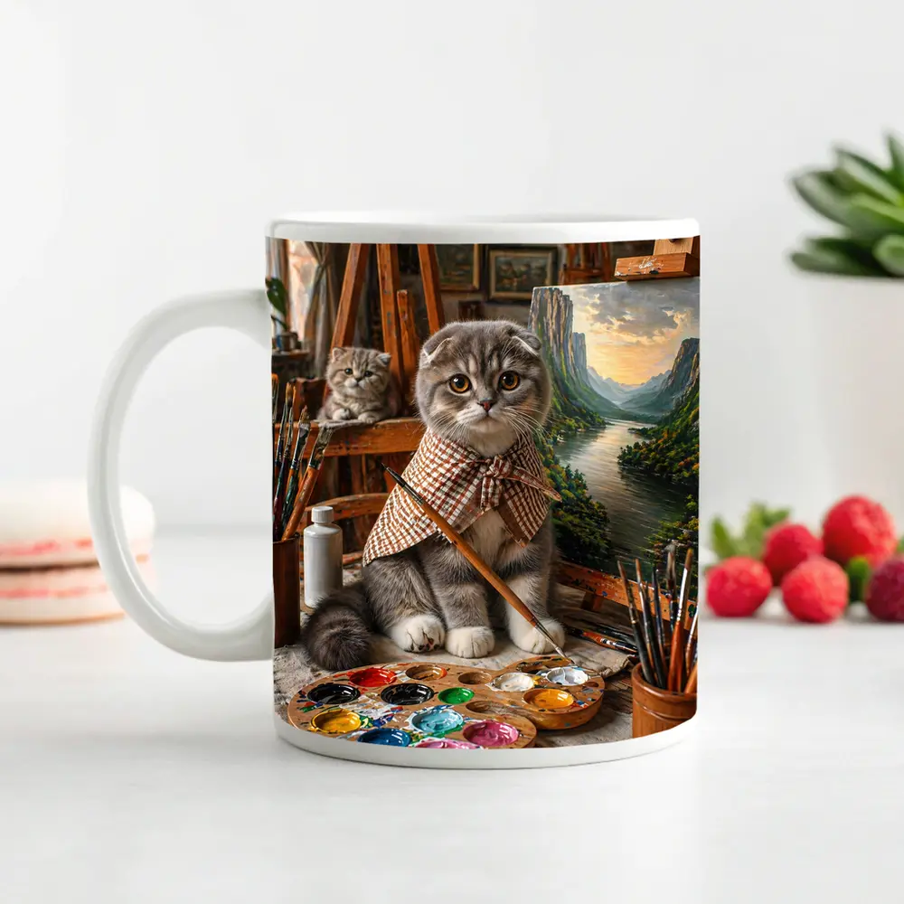 Scottish Fold Cat Artist Painting in Studio – Mugs