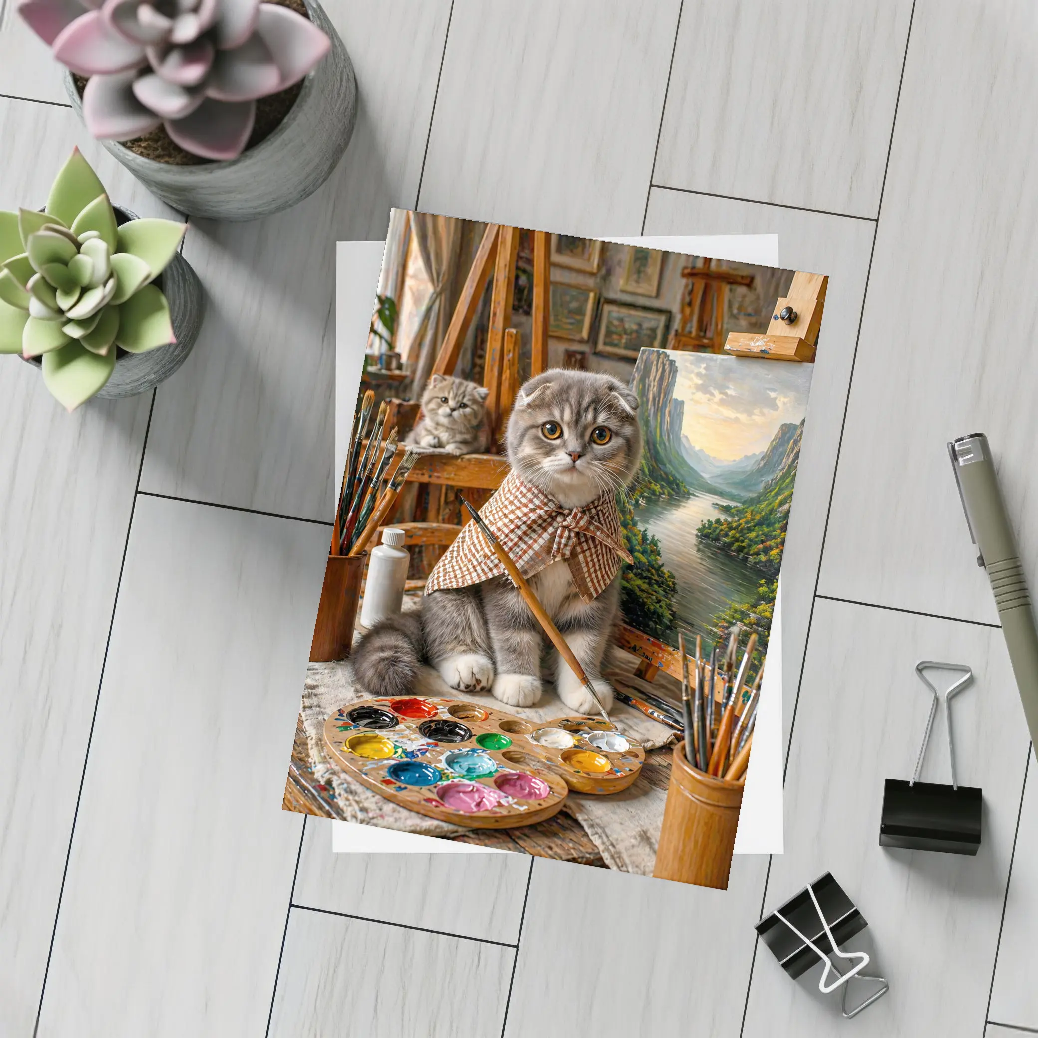 Scottish Fold Cat Artist Painting in Studio – Postcards