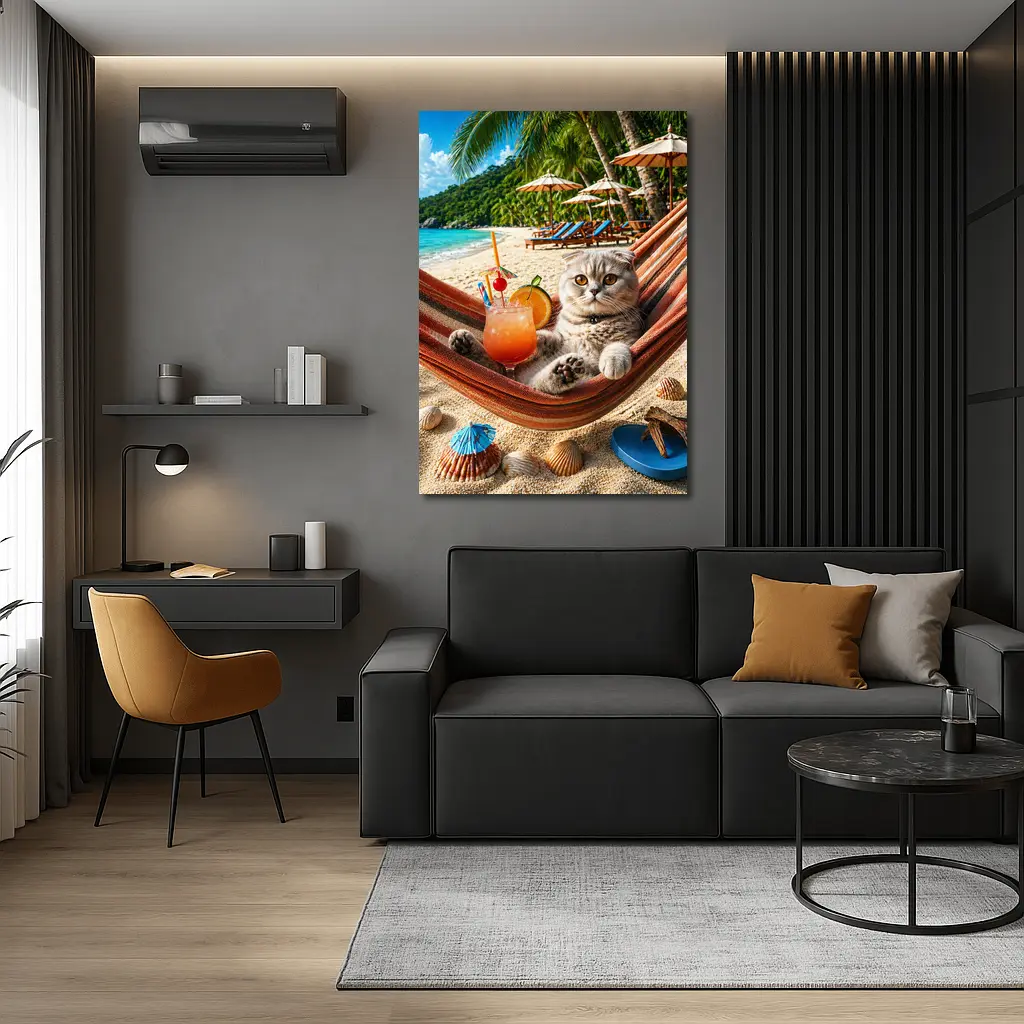 Scottish Fold Cat Relaxing Beach Hammock Cocktail – Wall Art