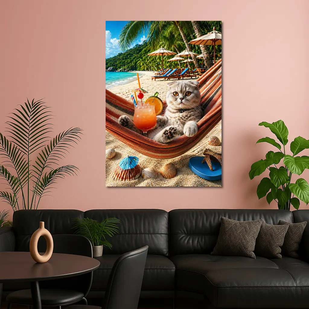 Scottish Fold Cat Relaxing Beach Hammock Cocktail – Wall Art