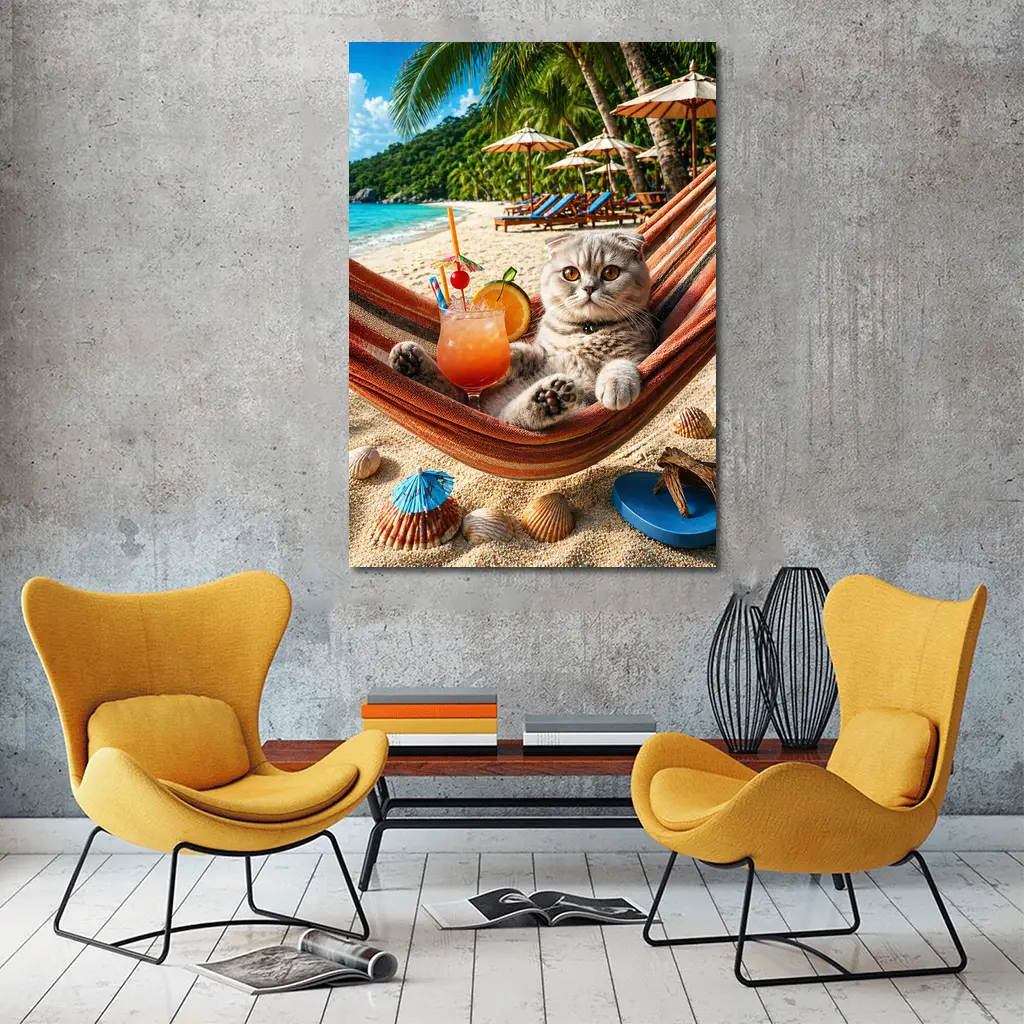 Scottish Fold Cat Relaxing Beach Hammock Cocktail – Wall Art