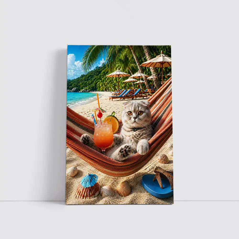 Scottish Fold Cat Relaxing Beach Hammock Cocktail – Wall Art