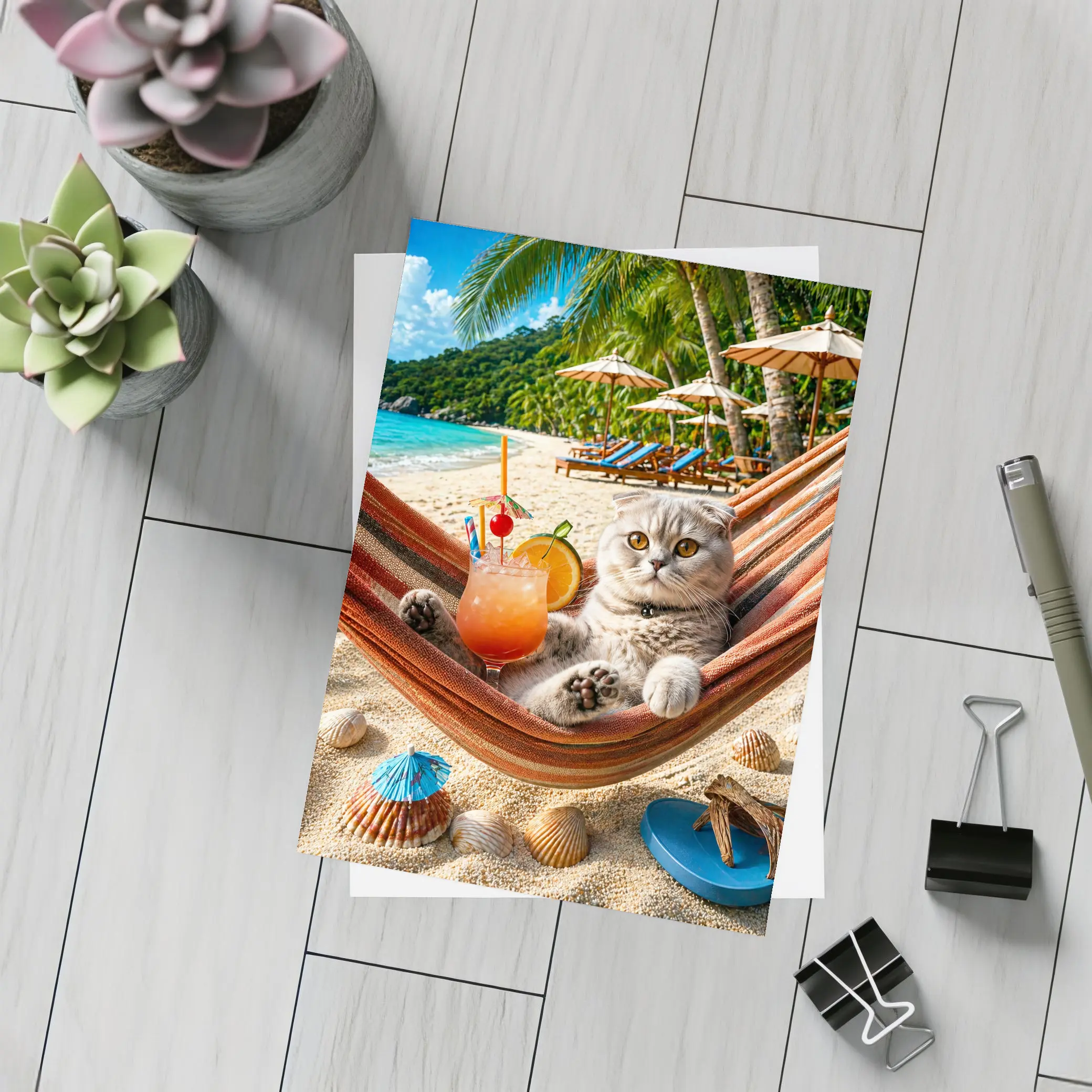 Scottish Fold Cat Relaxing Beach Hammock Cocktail – Postcards