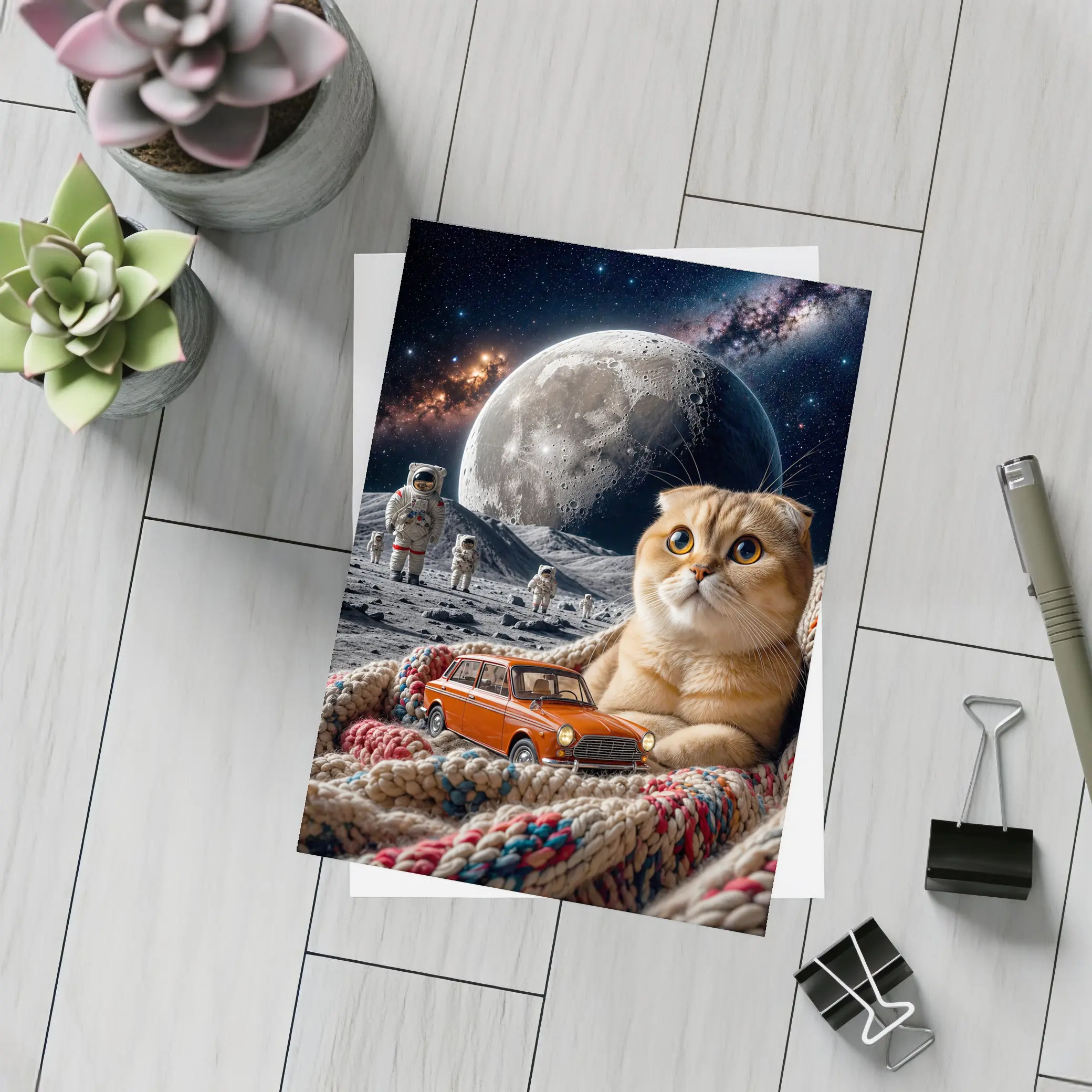 Scottish Fold Cat Moon Space Astronauts Scene – Postcards