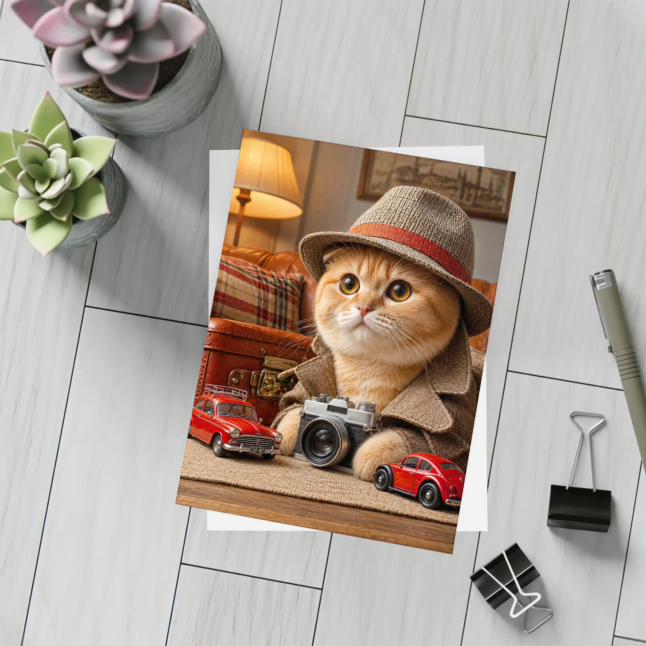 Scottish Fold Detective Cat Camera Retro Cars – Postcards