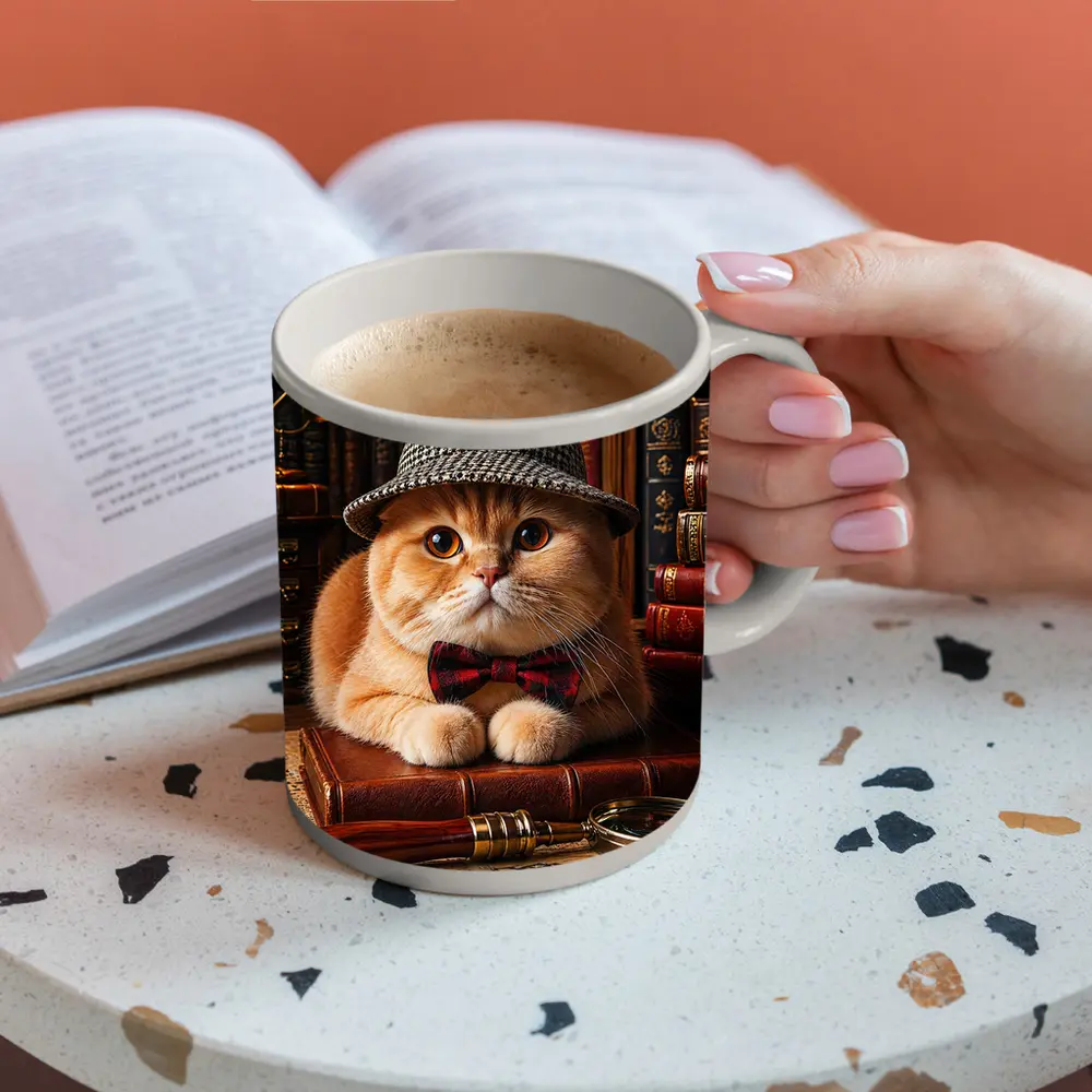Scottish Fold Cat Detective Library Setting – Mugs