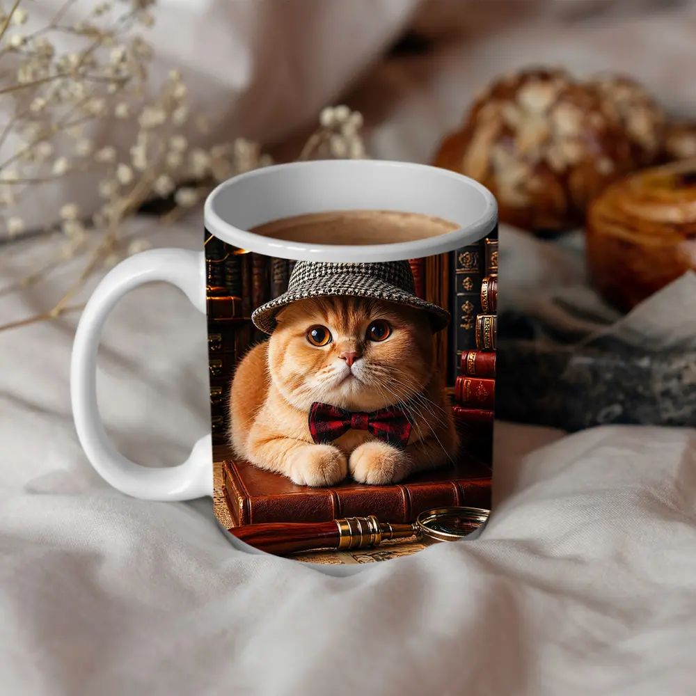 Scottish Fold Cat Detective Library Setting – Mugs
