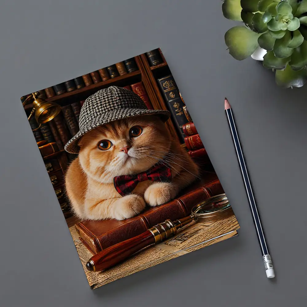 Scottish Fold Cat Detective Library Setting – Notebooks