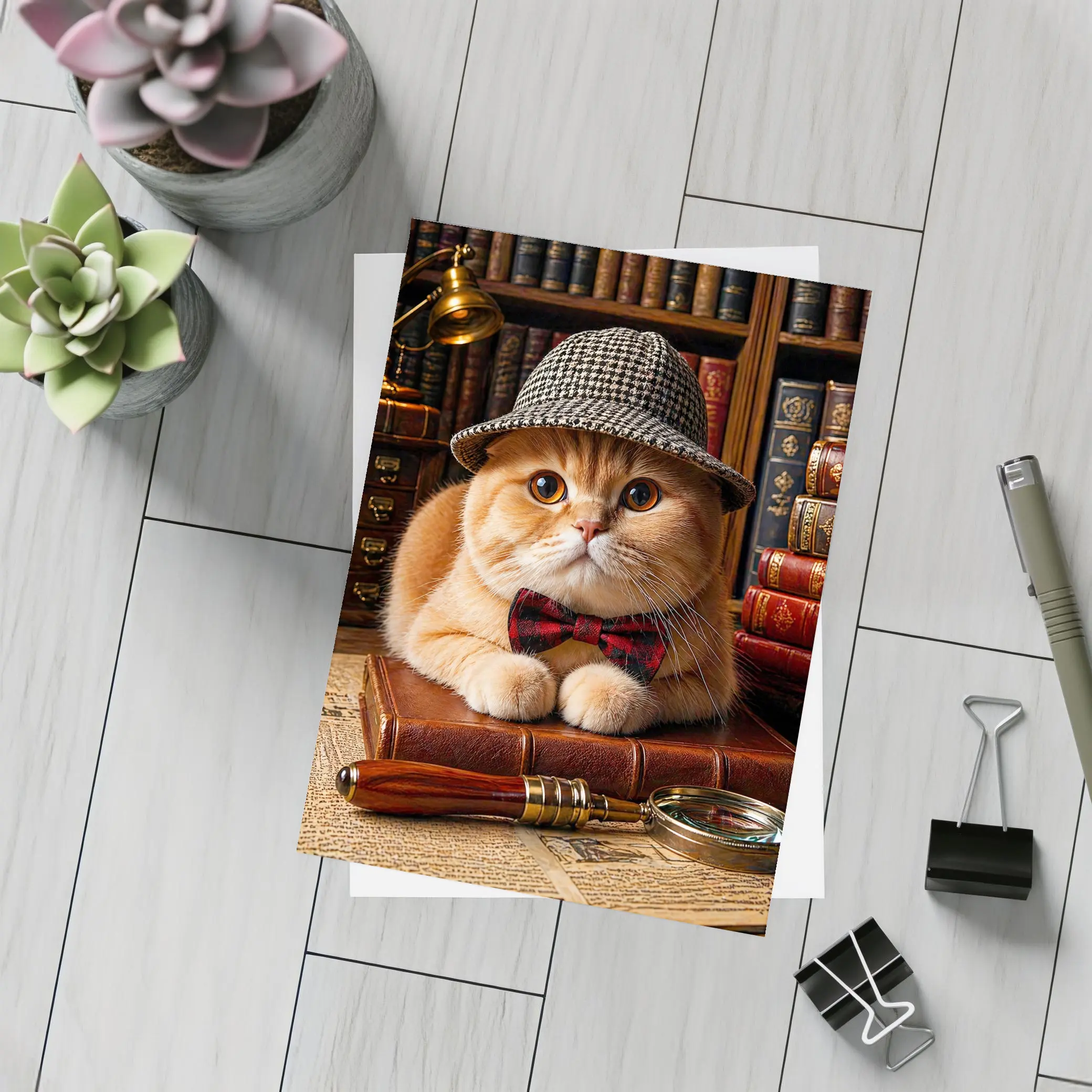 Scottish Fold Cat Detective Library Setting – Postcards