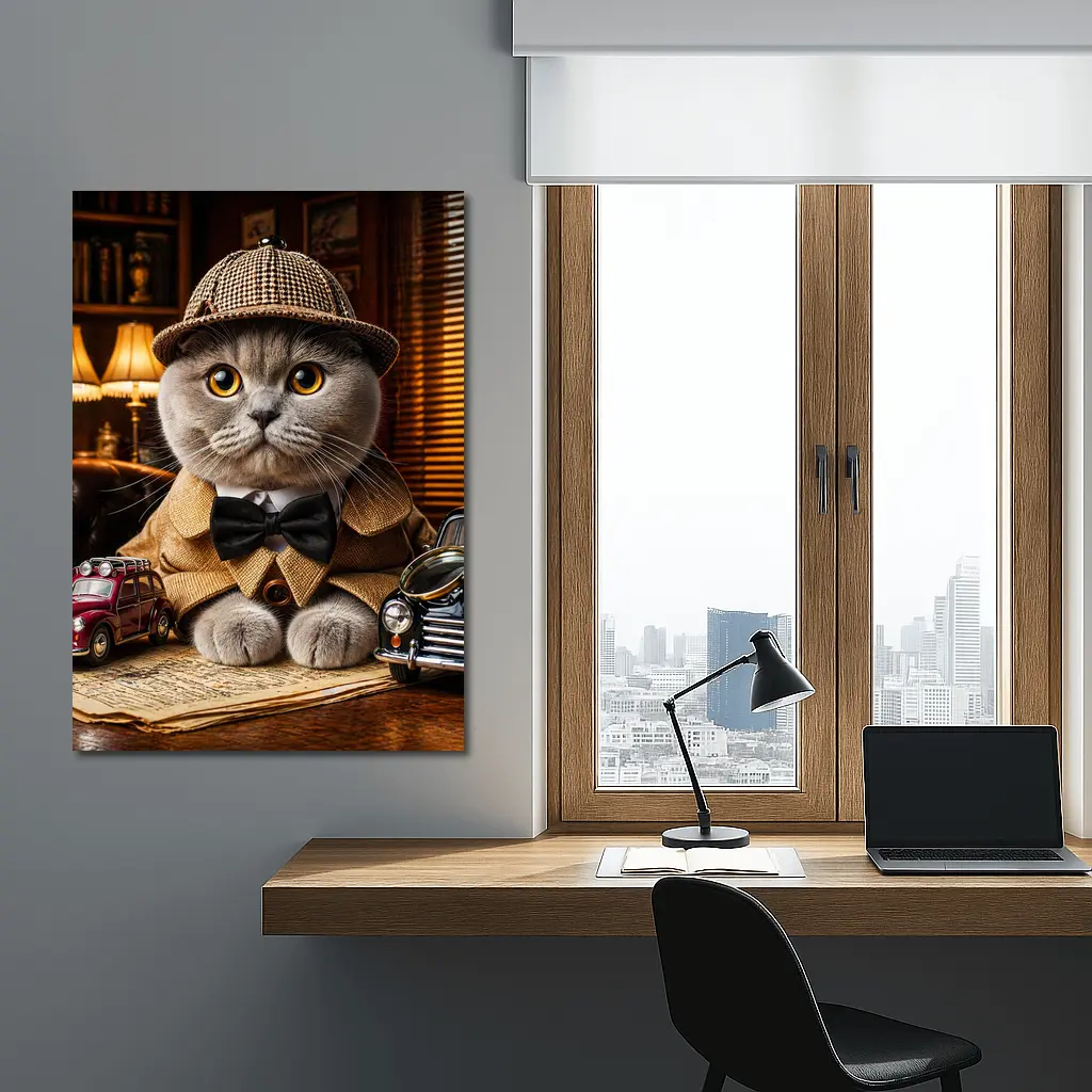 Scottish Fold Detective Cat Library Setting – Wall Art