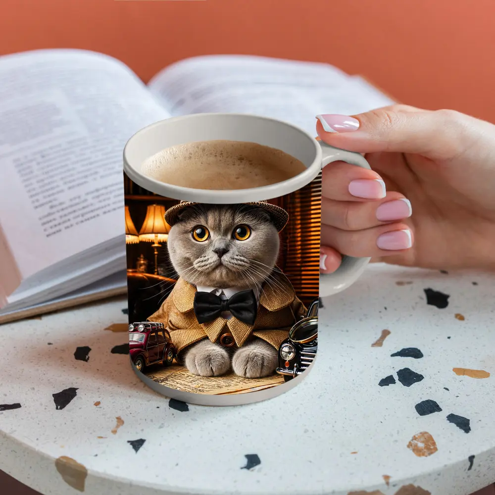 Scottish Fold Detective Cat Library Setting – Mugs