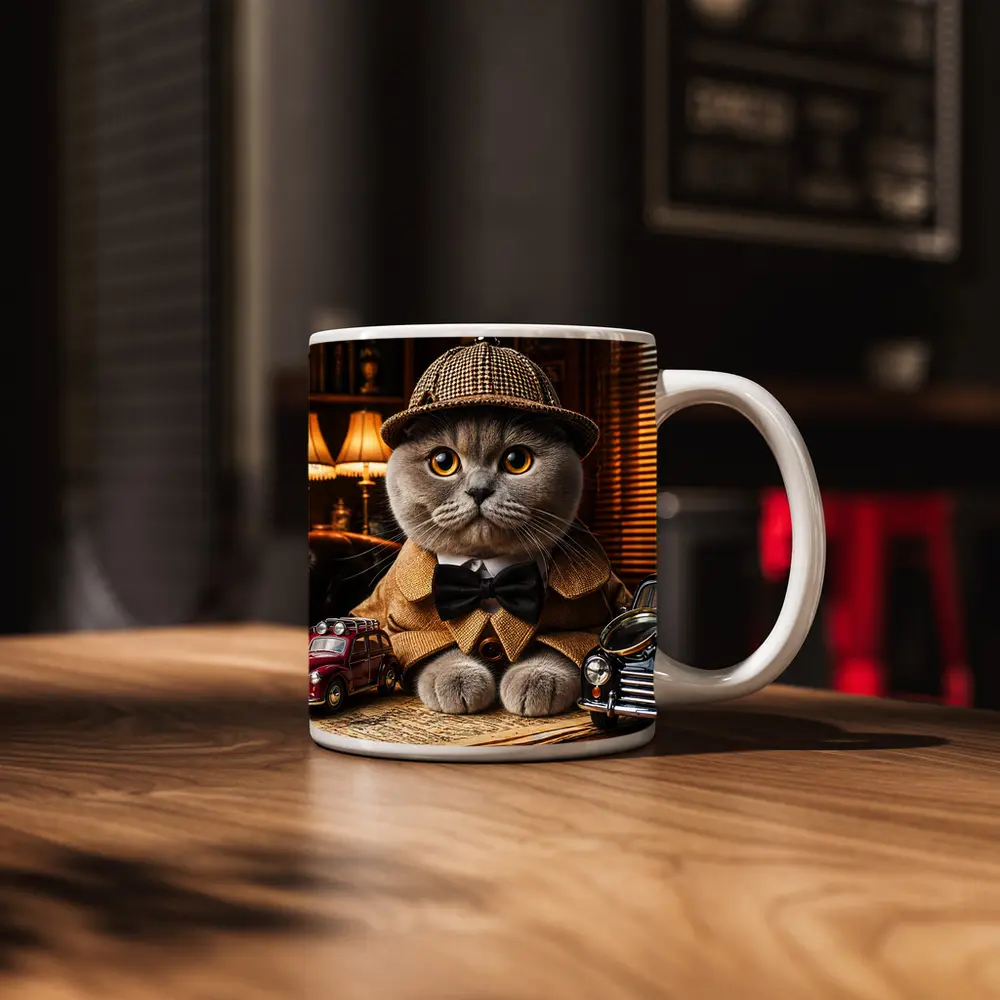 Scottish Fold Detective Cat Library Setting – Mugs