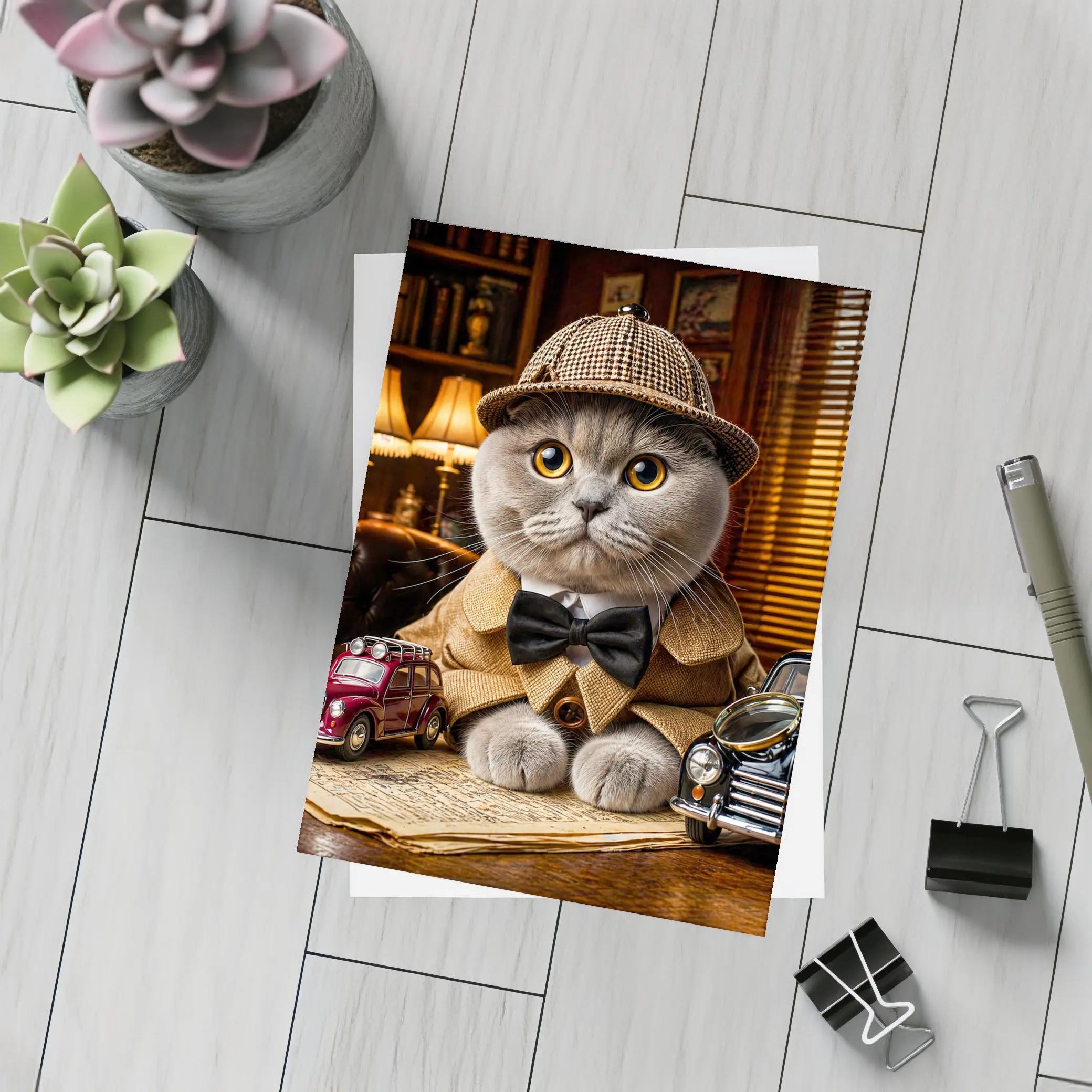 Scottish Fold Detective Cat Library Setting – Postcards