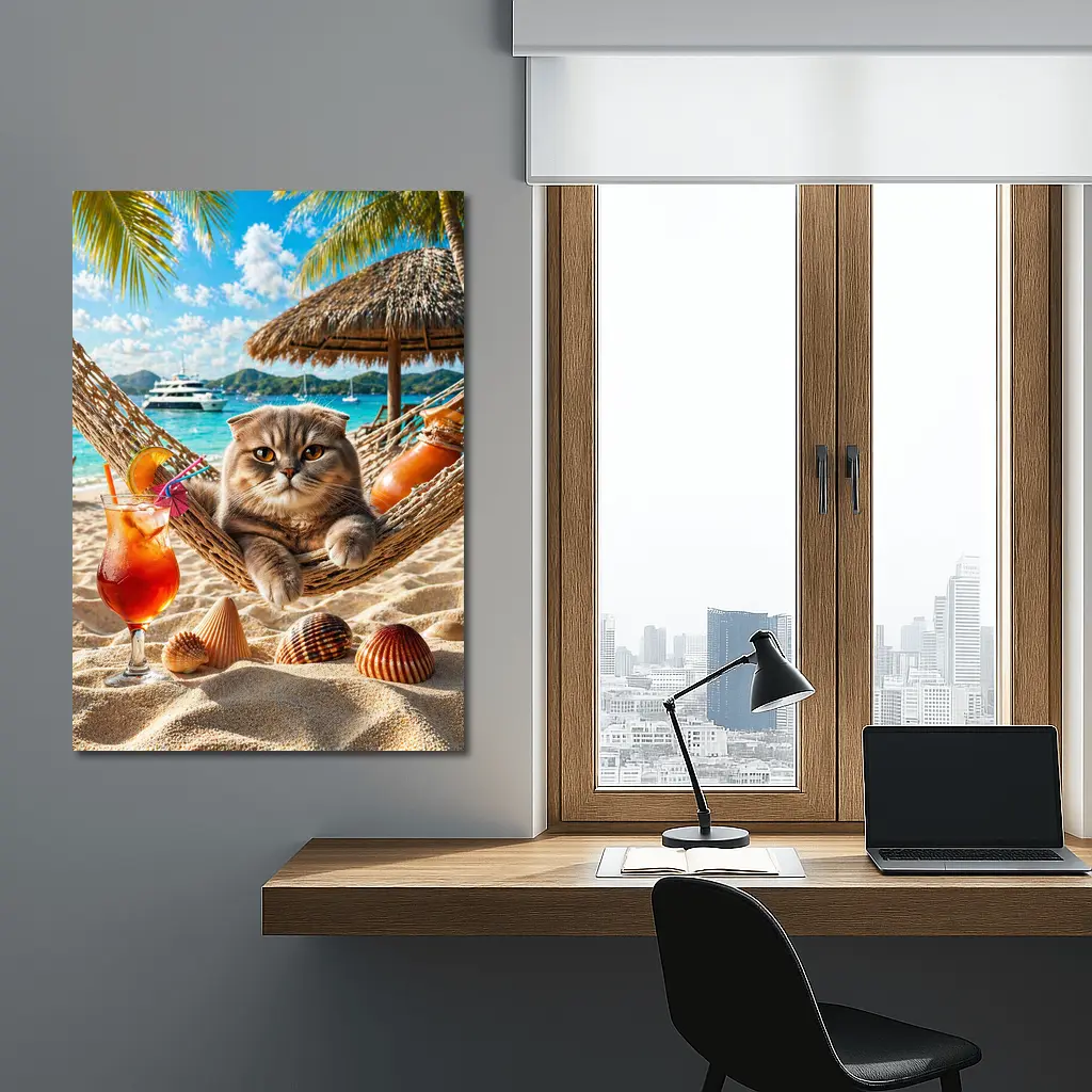 Scottish Fold Cat Relaxing Beach Hammock Cocktail – Wall Art