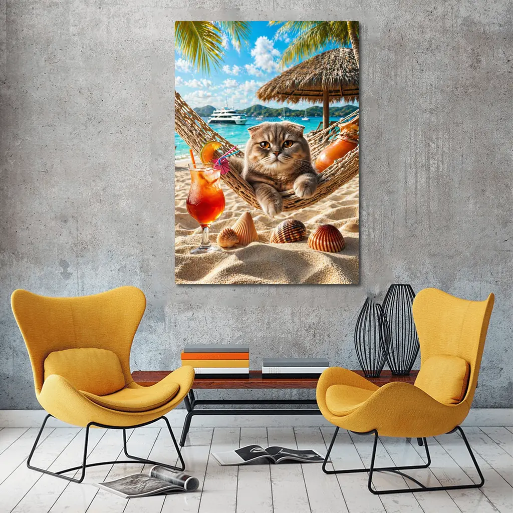 Scottish Fold Cat Relaxing Beach Hammock Cocktail – Wall Art