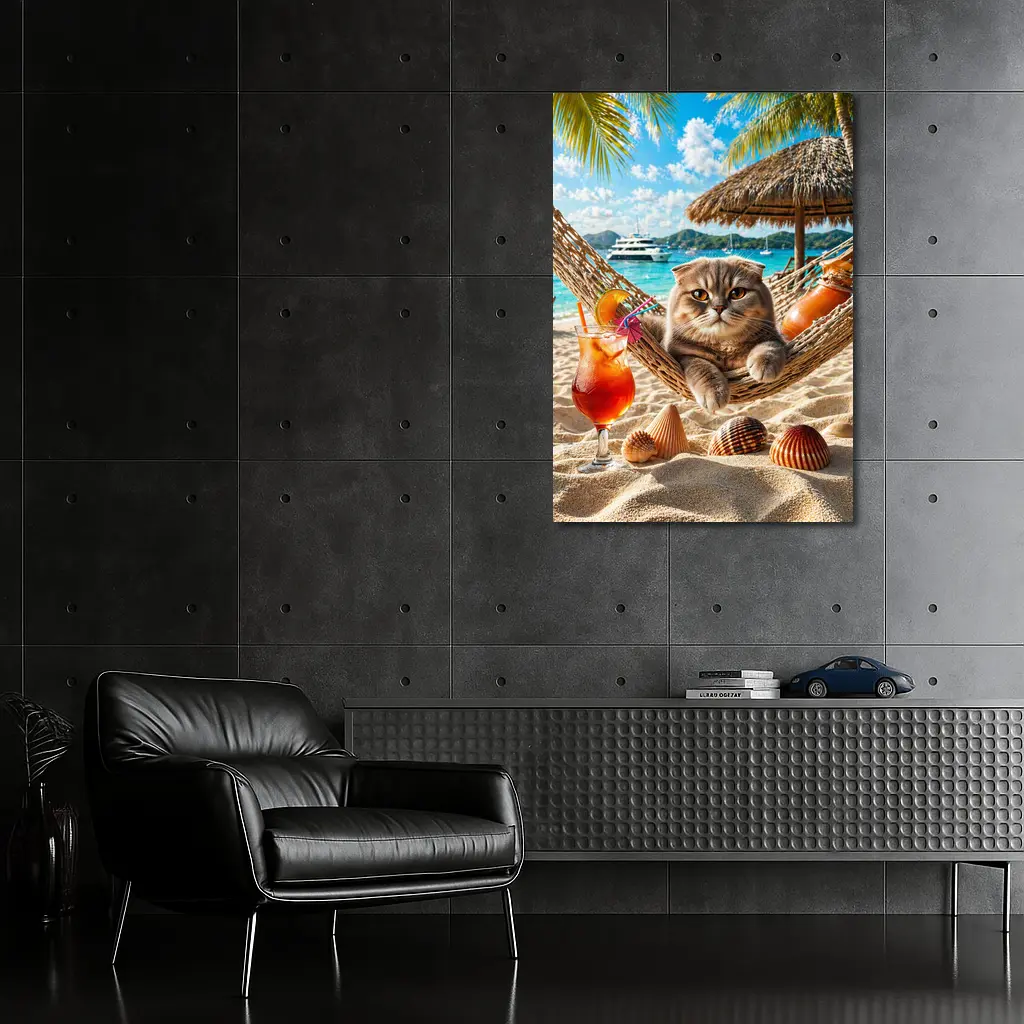 Scottish Fold Cat Relaxing Beach Hammock Cocktail – Wall Art