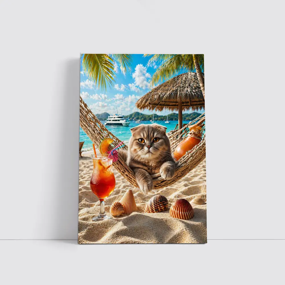 Scottish Fold Cat Relaxing Beach Hammock Cocktail – Wall Art