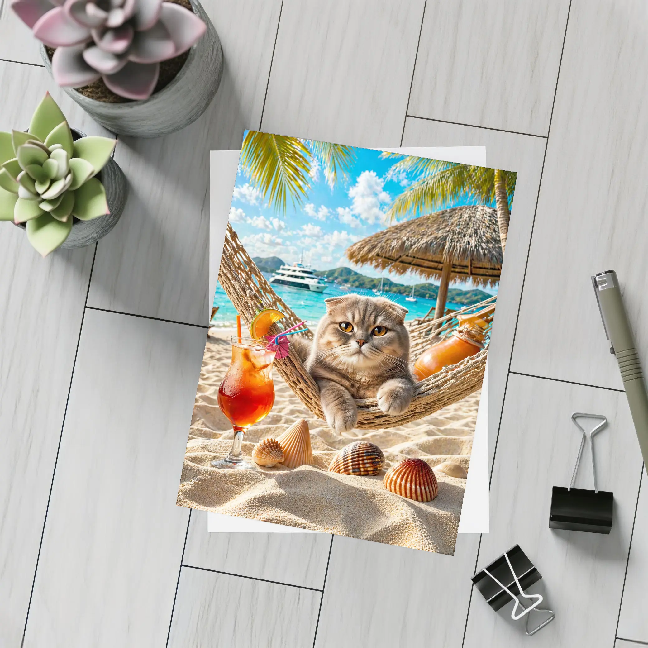 Scottish Fold Cat Relaxing Beach Hammock Cocktail – Postcards