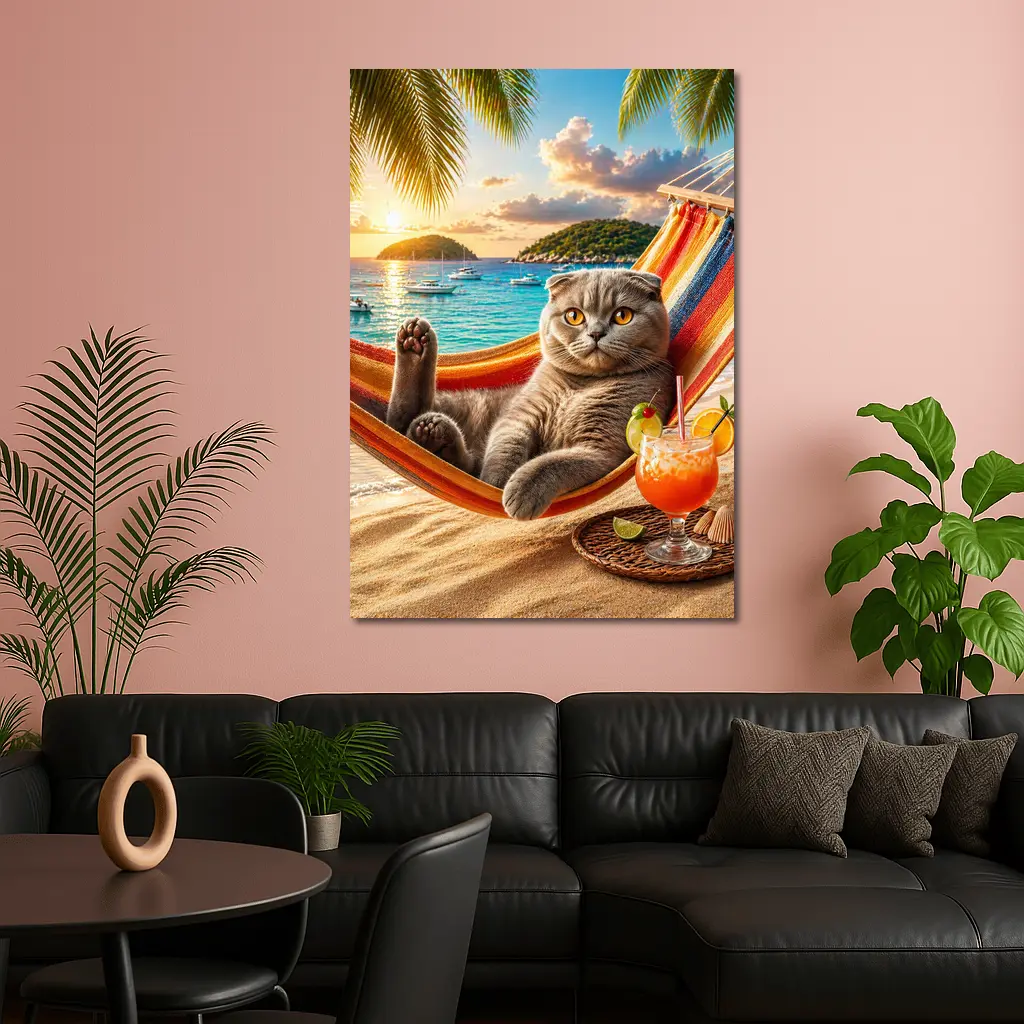 Scottish Fold Cat Relaxing Beach Hammock Sunset – Wall Art
