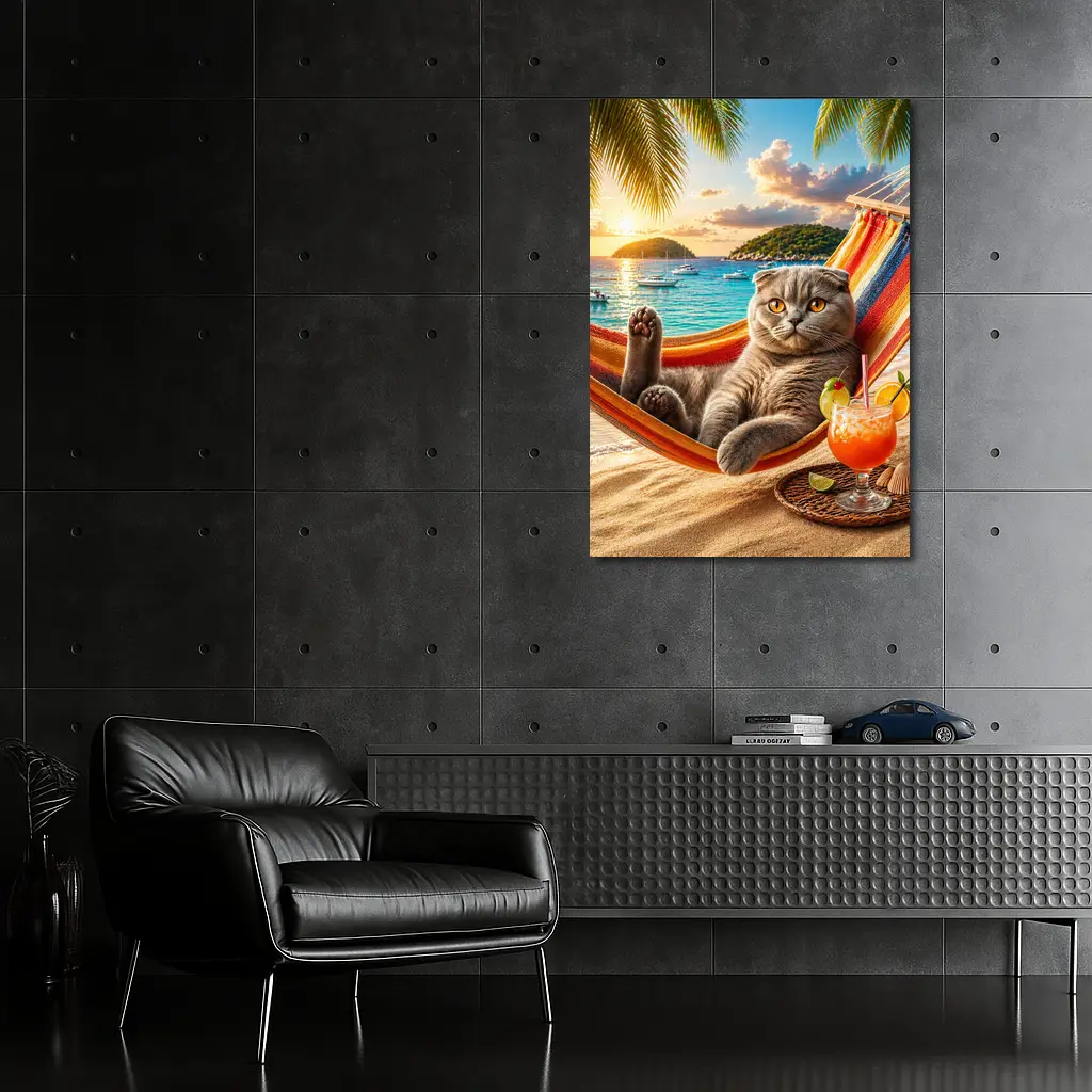 Scottish Fold Cat Relaxing Beach Hammock Sunset – Wall Art