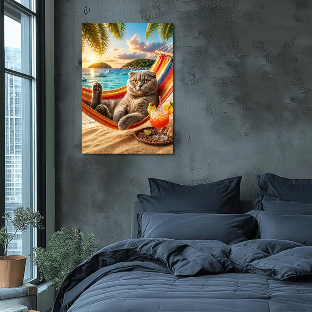 Scottish Fold Cat Relaxing Beach Hammock Sunset – Wall Art
