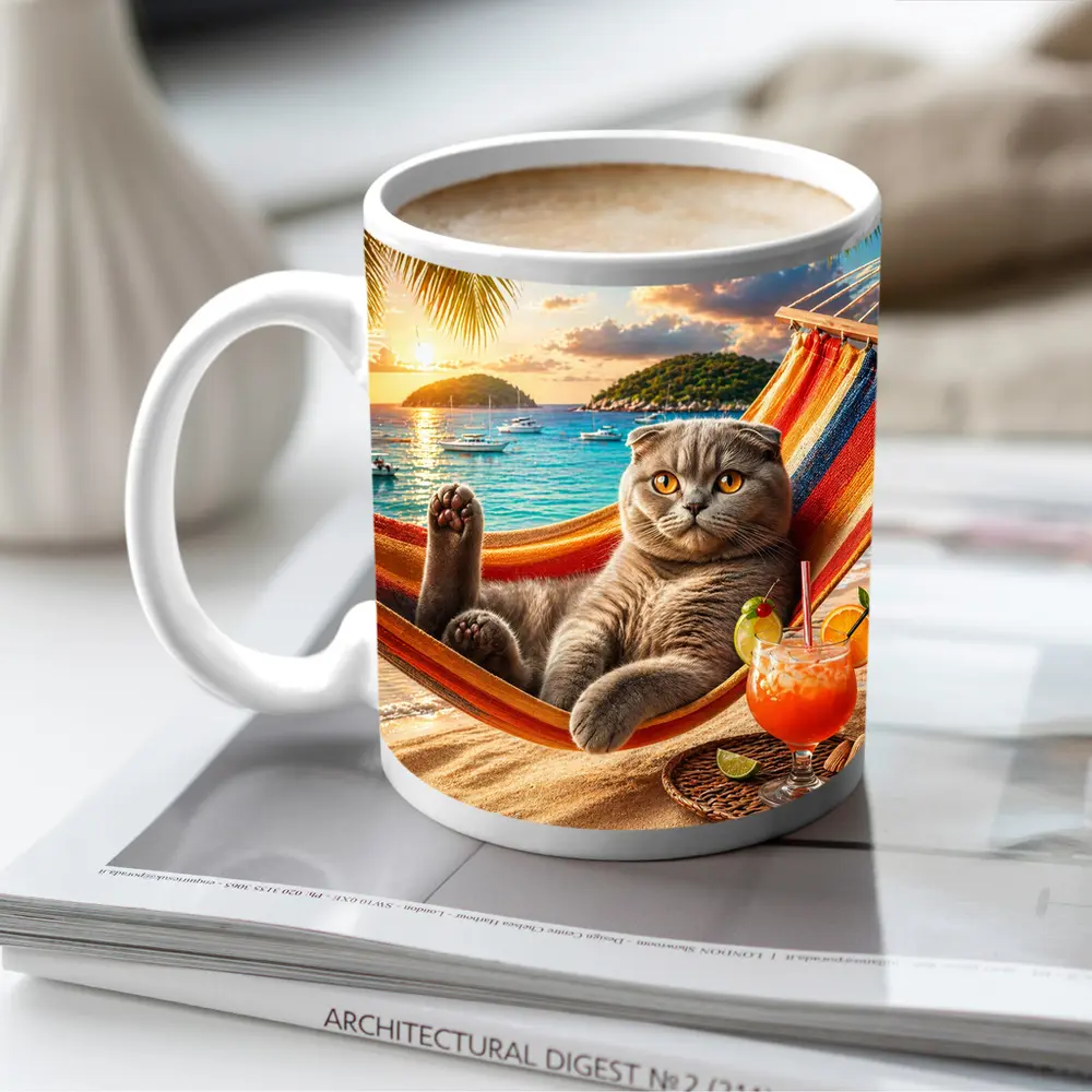 Scottish Fold Cat Relaxing Beach Hammock Sunset – Mugs