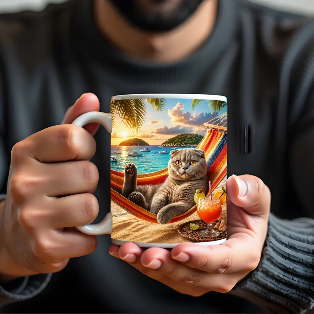 Scottish Fold Cat Relaxing Beach Hammock Sunset – Mugs