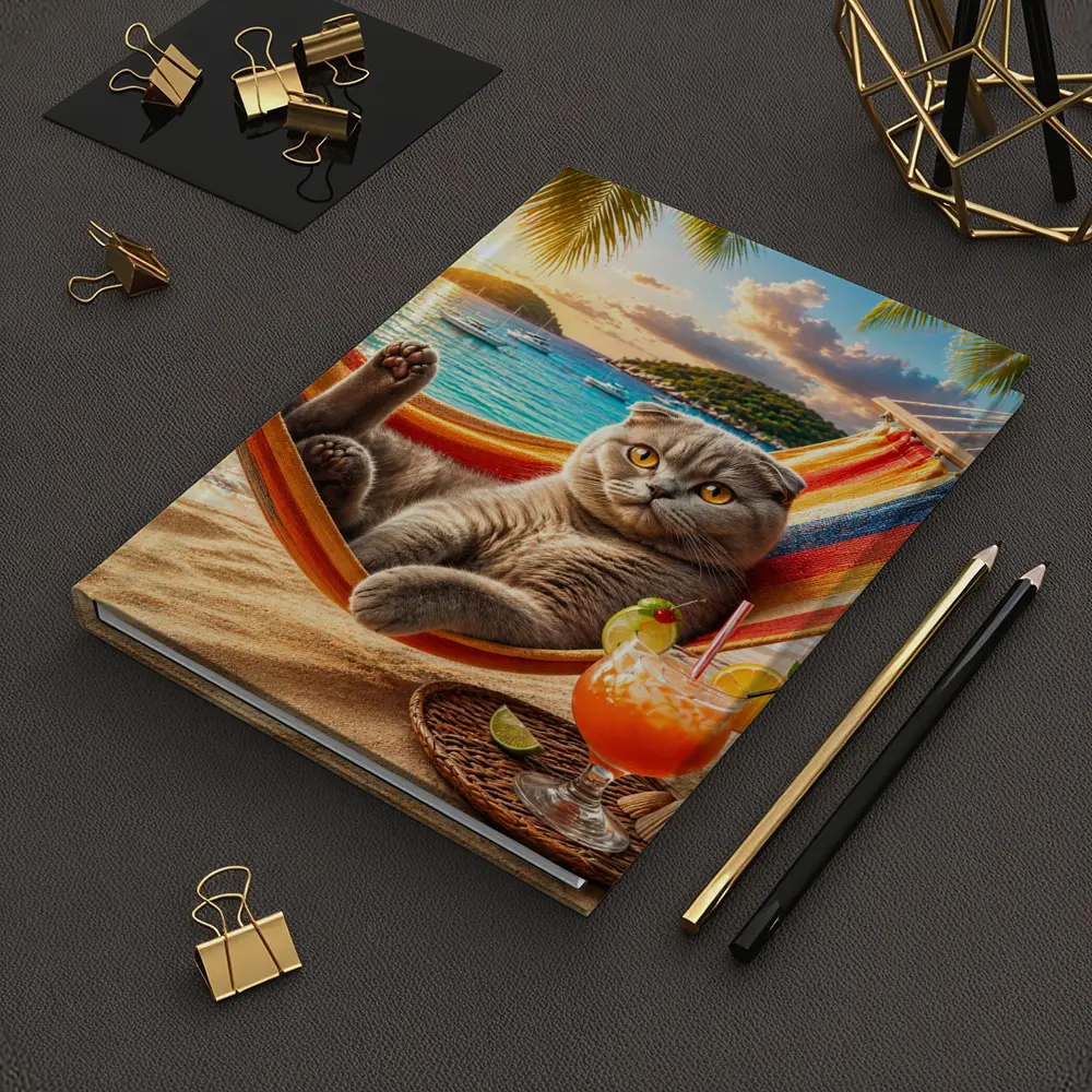 Scottish Fold Cat Relaxing Beach Hammock Sunset – Notebooks