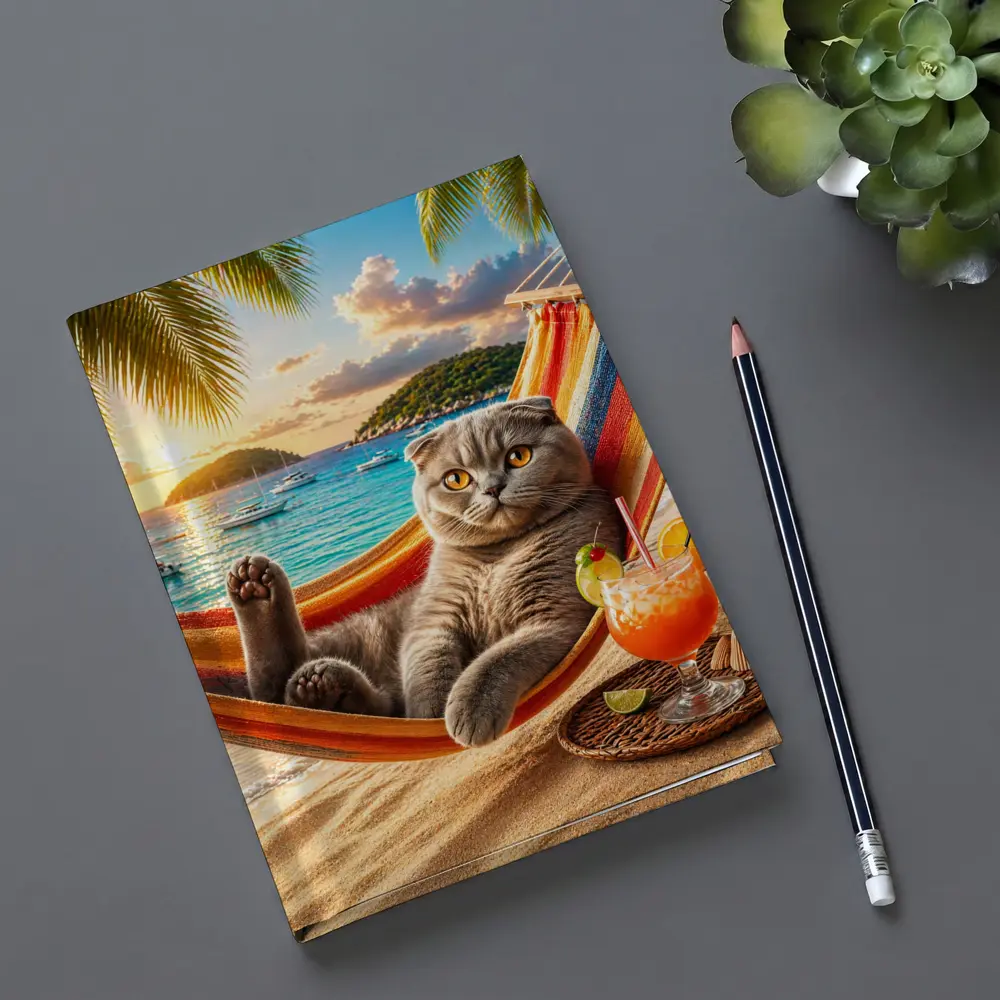 Scottish Fold Cat Relaxing Beach Hammock Sunset – Notebooks