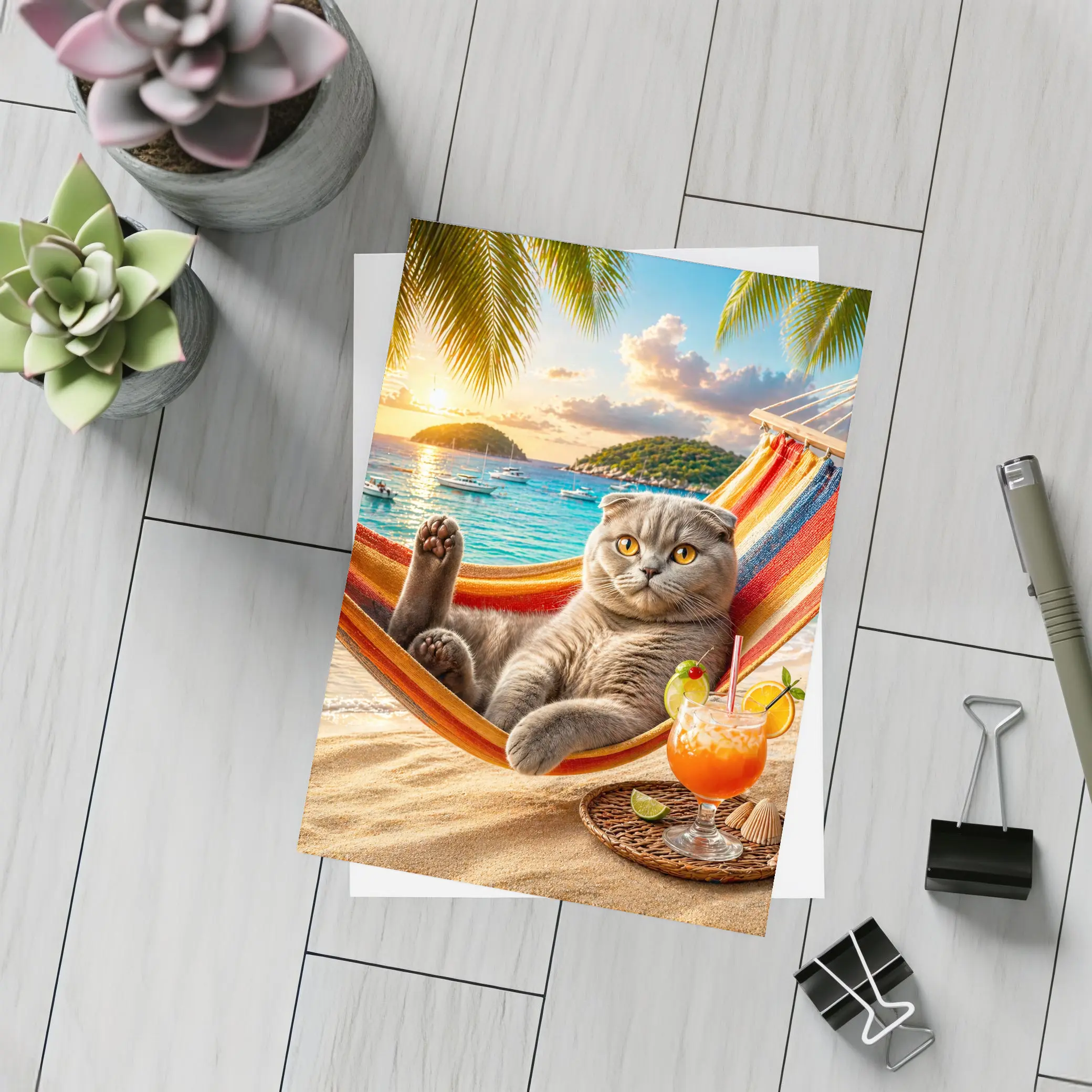 Scottish Fold Cat Relaxing Beach Hammock Sunset – Postcards