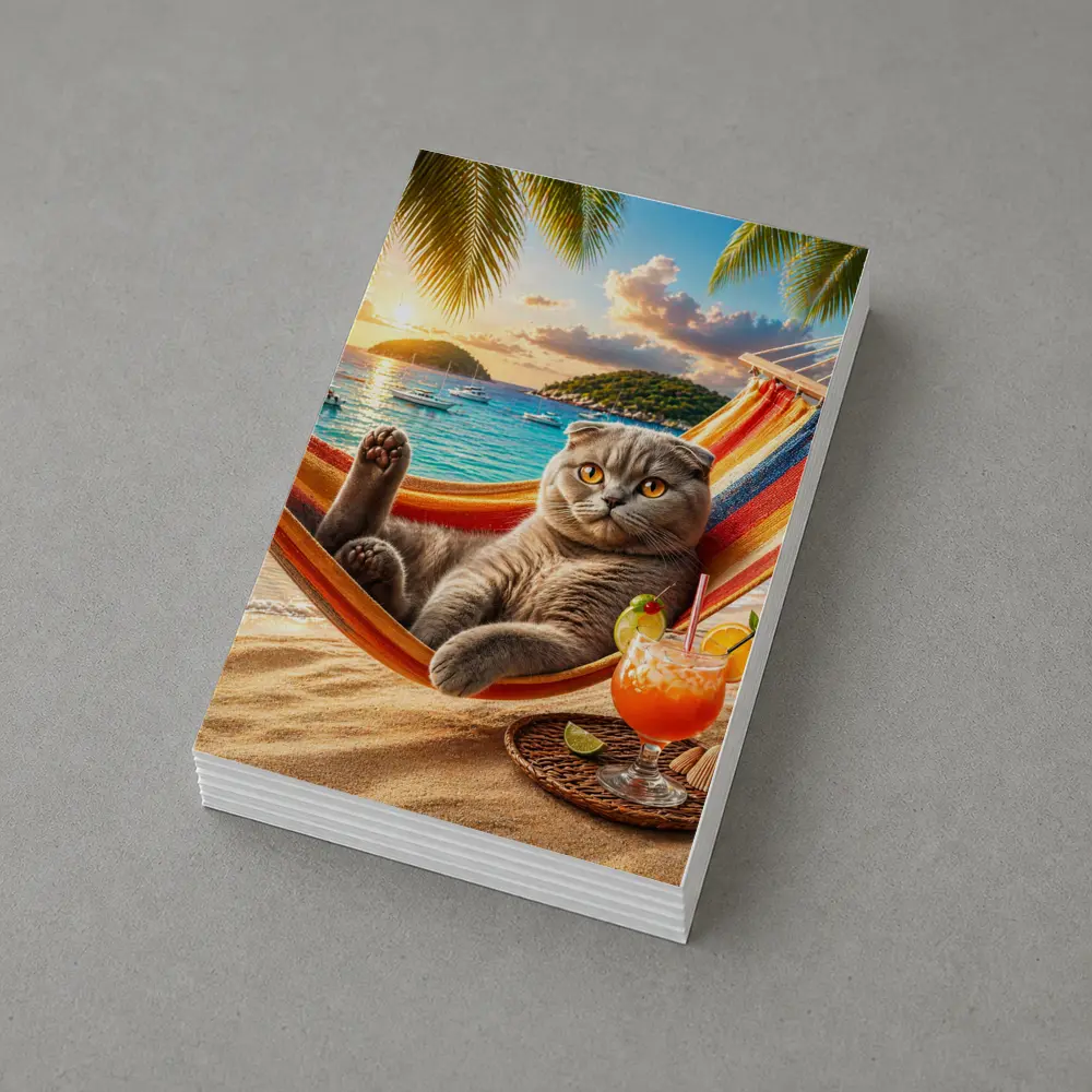 Scottish Fold Cat Relaxing Beach Hammock Sunset – Postcards