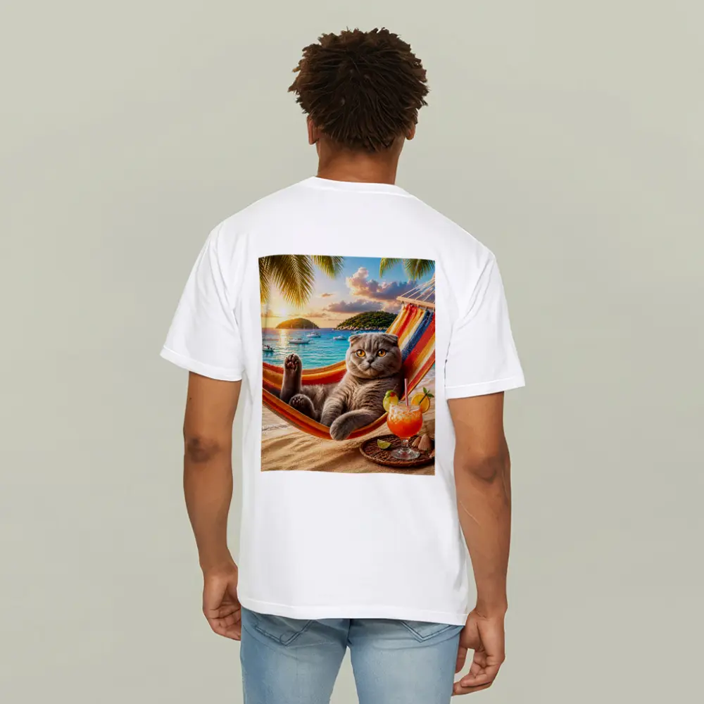 Scottish Fold Cat Relaxing Beach Hammock Sunset – T-Shirts