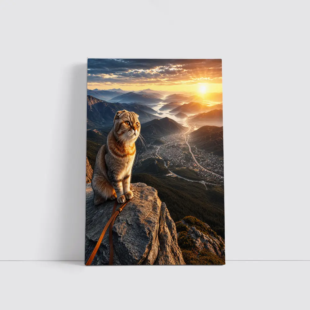 Scottish Fold Cat Mountain Summit Sunset View – Wall Art