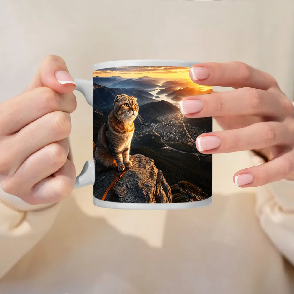 Scottish Fold Cat Mountain Summit Sunset View – Mugs