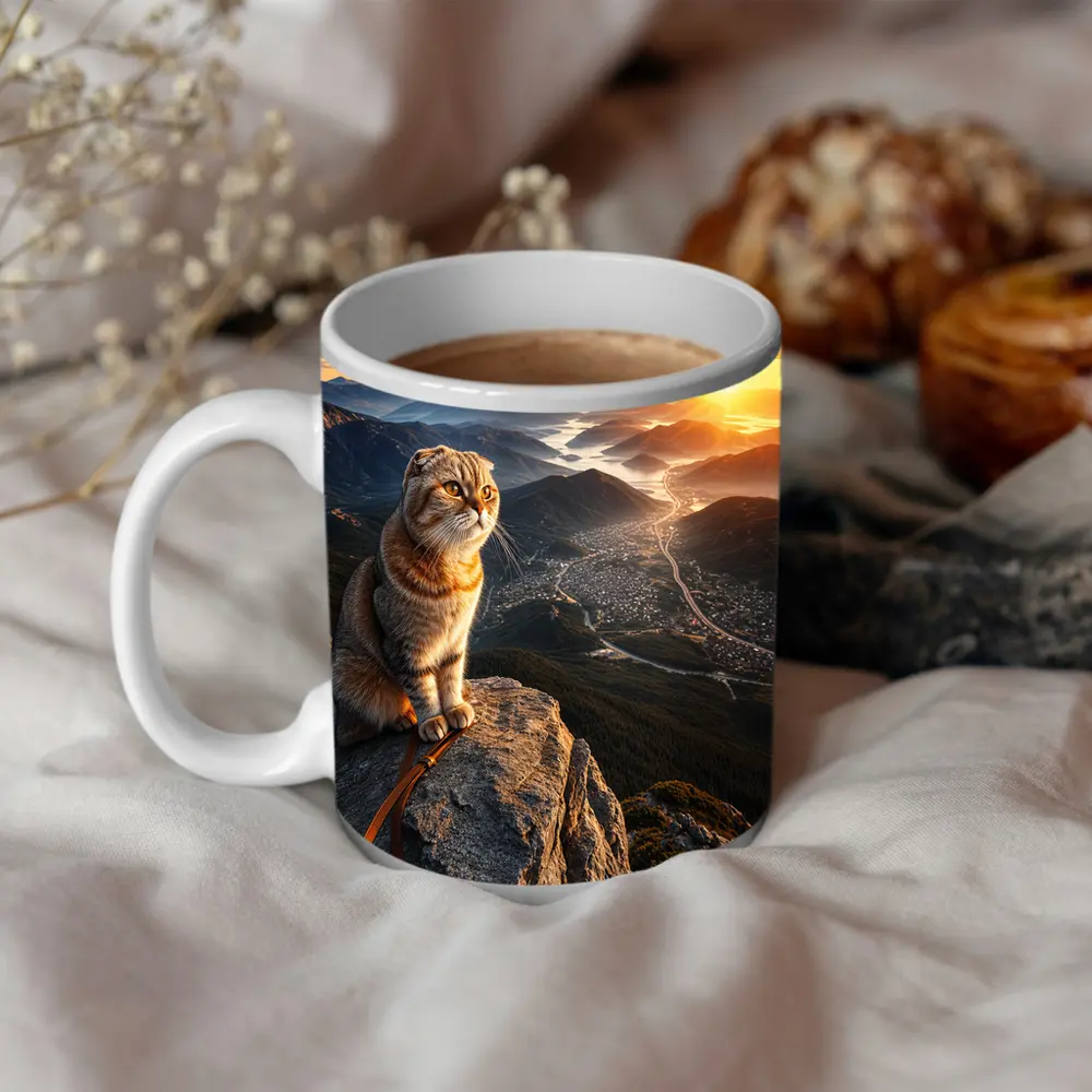 Scottish Fold Cat Mountain Summit Sunset View – Mugs